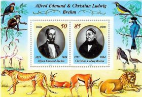 Briefmarkenblock Alfred Edmund & Christian Ludwig Brehm, DDR 1989